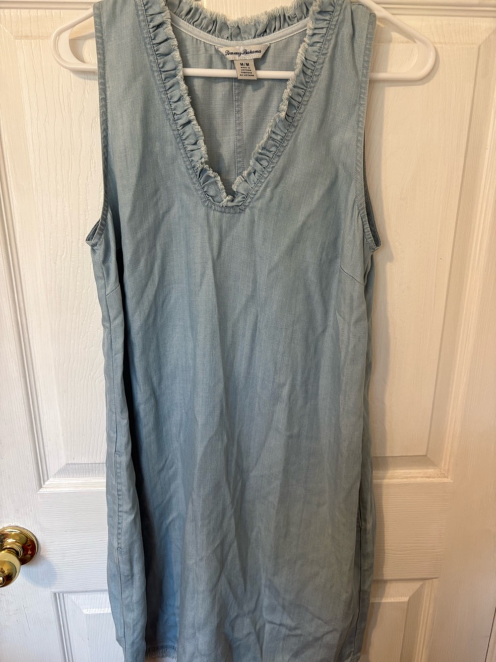 Tommy Bahama Light Wash Chambray Ruffled V-Neck Sleeveless Dress